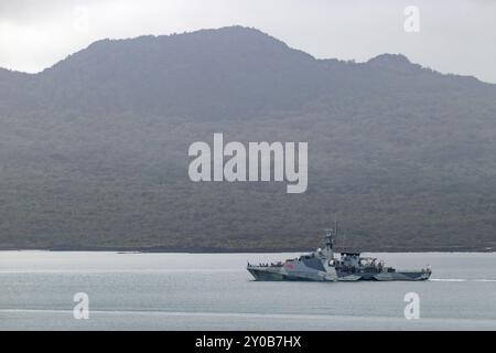 Auckland, New Zealand, 02 Sep, 2024. HMS Tamar, a Batch 2 River-class offshore patrol vessel of the Royal Navy, departs from The Royal New Zealand Navy Base in Devonport, New Zealand. Credit: David Rowland/Alamy Live News Stock Photo