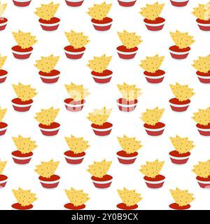 Nachos chips in a gravy boat with salsa sauce Seamless pattern in trendy Traditional Mexican colors Isolated. Vector illustration Wallpaper, wrapping, packing or web, menu cards, posters background Stock Vector