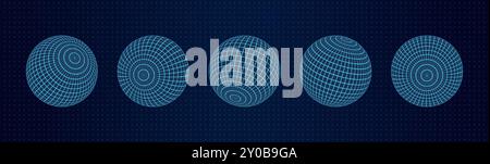 Set of 3D Wireframe Mesh Spheres on Grid Background Stock Vector