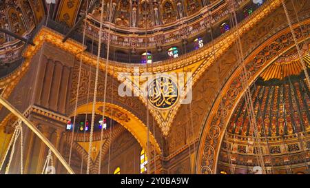 Muhammad Ali Mosque - Richly decorated interior view of the domes with motifs and islamic calligraphy completed in Ottoman style by Muhammed Ali Pasha in 1848 at the citadel of Cairo, Egypt Stock Photo