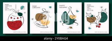 Christmas greeting card vector poster set design. Merry christmas greeting text with doodle and sketch style hanging ball, bell, pine tree, holly Stock Vector