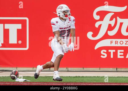 August 31, 2024: UNLV Rebels wide receiver Jacob De Jesus (21) celebrates his touchdown catch during a game between the UNLV Rebels and the Houston Cougars in Houston, TX. Trask Smith/CSM Stock Photo