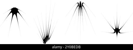 Black thin spiky element set. Abstract sharp thorn shapes and angular twinkles bundle. Futuristic spokes objects for poster, collage, banner, logo, card, icon, label, sticker, badge. Vector Stock Vector