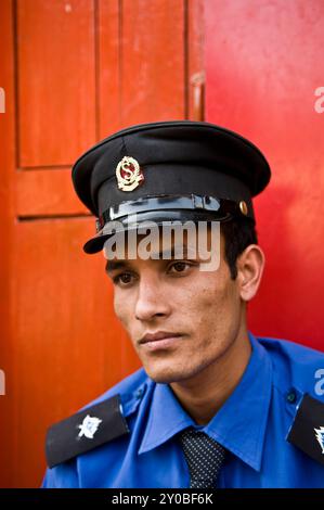 Portrait of a Nepali security guard. Photo taken in Kathmandu, Nepal. Stock Photo