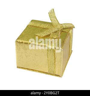 Golden colored gift box isolated on white background Stock Photo