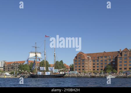 Copenhagen, Denmark, August 09, 2015: Big sailboat anchored in the harbor, Europe Stock Photo