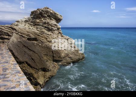 Rock at Mediterranean Sea in Nerja, Costa del Sol, Spain, Europe Stock Photo