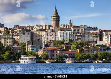 Istanbul city skyline in Turkey, Beyoglu district old houses with Galata tower on top, view from the Golden Horn Stock Photo