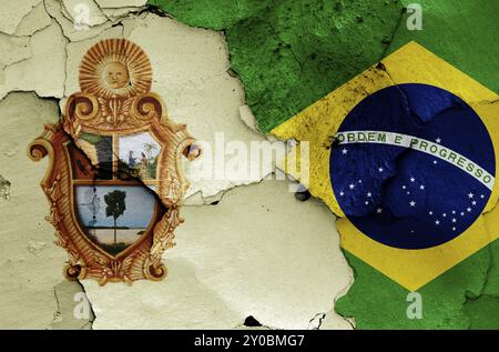 Flags of Manaus and Brazil painted on cracked wall Stock Photo