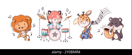 Kawaii animals playing musical instruments flat color style set. Cute and funny characters in various performance scenes on white background Stock Vector