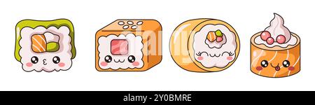 Kawaii tasty sushi and rolls flat color vector illustration set. Kawaii Japanese snacks with faces characters on white collection Stock Vector