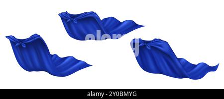 Hero blue silk cloaks realistic vector illustration set. Powerful superhero capes waving in wind 3d models bundle on white background Stock Vector