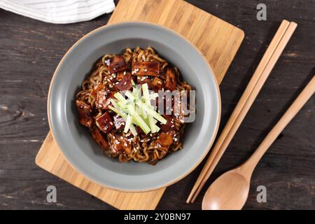 Top View Jajangmyeon, Korean Noodles in Black Bean Sauce Stock Photo