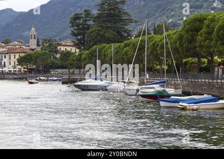 The small boat harbour of the village of Colonno on Lake Como, Italy, Europe Stock Photo