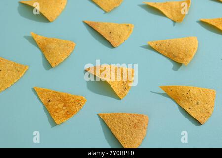 Homemade Corn Chips Nachos on Mint Background Stock Photo