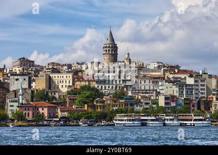 Istanbul city skyline in Turkey, view from Golden Horn, houses in Beyoglu district with Galata tower in the midlle Stock Photo