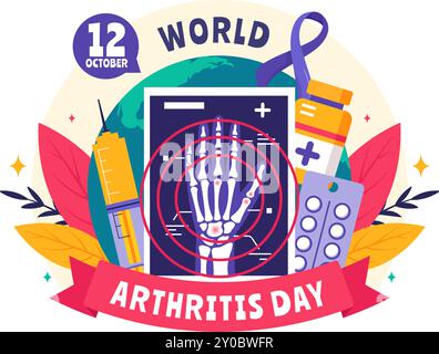 World Arthritis Day vector illustration for October 12, featuring Medical Treatment for Rheumatism and Osteoarthritis, with an X-ray Scan and Bone Stock Vector