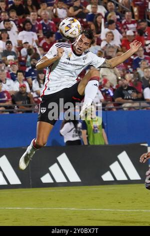 Frisco, United States. 31st Aug, 2024. FC Dallas forward Petar Musa #9 jumps for the the header during the MLS match between FC Dallas and Colorado Rapids at Toyota Stadium. Final score FC Dallas 2- 3 Colorado Rapids. on August 31, 2024 in Frisco, Texas. (Photo by Javier Vicencio/Eyepix Group/Sipa USA) Credit: Sipa USA/Alamy Live News Stock Photo