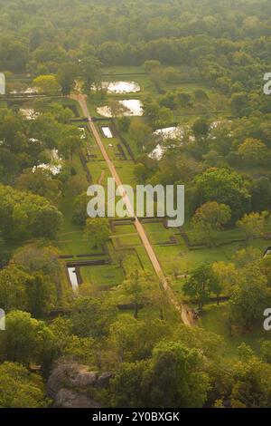 A view of the main concourse and gardens seen looking down from the top of Sigiriya rock, a former fortress and monastery in Sri Lanka Stock Photo