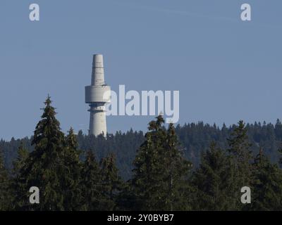 Former telecommunications tower on the Schneeberg in the Fichtelgebirge. The tower is also called Backoefele Stock Photo