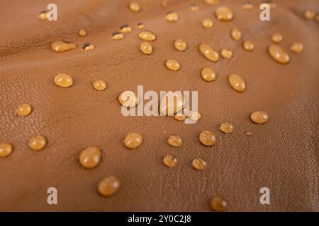 Round water drops on beige brown leather texture, top view, soft focus close up  pattern Stock Photo