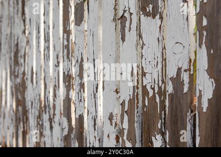 White peeling paint on a wooden boards fence Stock Photo