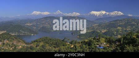 Landscape near Pokhara, Nepal. High mountains of the Annapurna range. Lake Begnas Tal Stock Photo