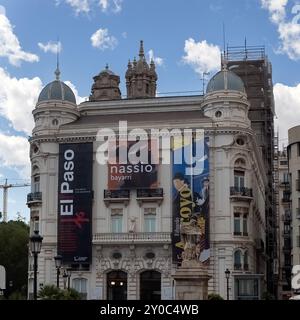 VALENCIA, SPAIN - MAY 17, 2024:  Exterior view of the Bancaja Foundation and exhibition posters building on Plaza Tetuan Stock Photo