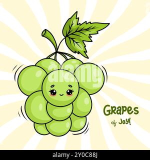 Cute bunch of green grapes. Cartoon funny kawaii character fruit. Vector illustration. Card with slogan . Stock Vector