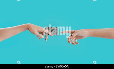 Two artistic hands exchanging a credit card. Online shopping and secure payment transactions. 3d rendering Stock Photo
