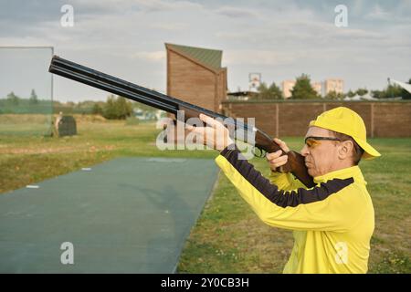 An old man shooting at an outdoor shooting range with a shotgun in hand, aiming for the target Stock Photo