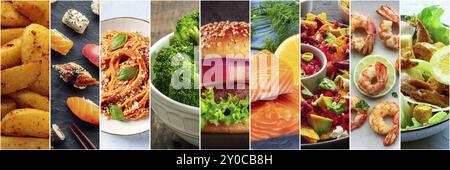 Food collage layout. A variety of dishes, a collection for a restaurant banner. International cuisine. Burger, salad and plates of Italian, Mexican, A Stock Photo