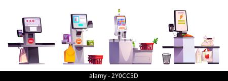 Kiosk checkout service. Supermarket self payment. Retail shop check out machine. Food and grocery scan computer with contactless technology. Business information interface to register product Stock Vector