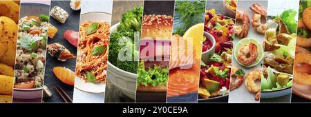 Food collage layout. A variety of dishes, a collection for a restaurant banner. International cuisine. Burger, salad and plates of Italian, Mexican, A Stock Photo