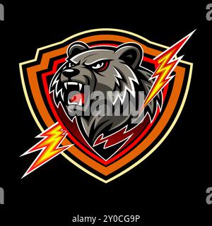 The logo features a grizzly bear roaring majestically within a protective shield, surrounded by two lightning bolts. Stock Vector