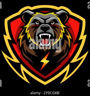 A grizzly bear logo and thunder icon on a shield, badge, mascot. use for decoration a basketball team logo, a football team, or a sports team. Stock Vector