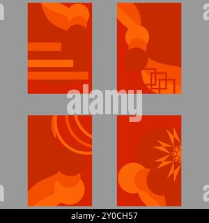 abstract designs in vibrant shades of orange and red. The top left panel showcases a series of horizontal stripes Stock Vector
