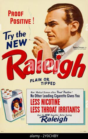 Douglas Fairbanks Jr. advertising Raleigh Cigarettes (Raleigh, 1930s).  Tobacco Advertisement. Less nicotine, less throat irritants Stock Photo