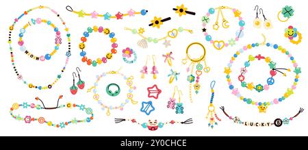 Friendship kids beads. Plastic colored beads with letters, emoticons, flowers, pacifiers, handmade cute bracelets, jewelry and bijouterie isolated Stock Vector