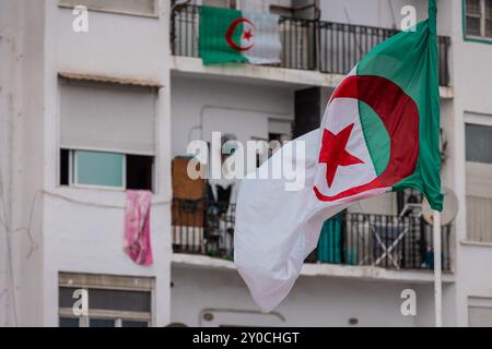 Flag of Algeria waving in a city environment, behind apartment building with balconies and satellite dishes. Poverty in Algeria. Stock Photo