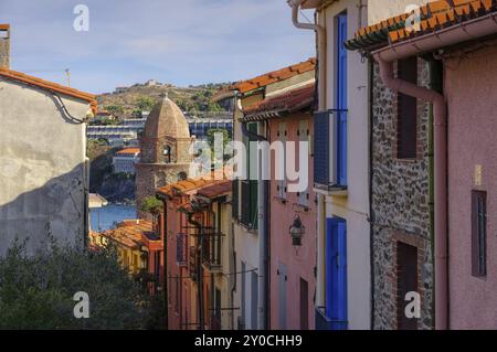 Small alley in Collioure, Languedoc-Roussillon in France, small alleyway in Collioure, Languedoc-Roussillon in France Stock Photo