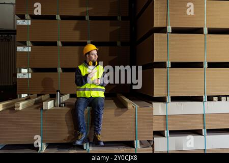 Worker with Down syndrome having break in factory, warehouse, eating sandwich. Concept of workers with disabilities, support in workplace. Stock Photo