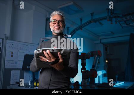 Automation engineer, technician holding remote controller of robotic arm. Concept of modern technology in industries, automated processes, robotics. Stock Photo