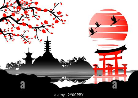 Japanese art with ancient design of Torii gate and the beautiful nature of Japan,vector illustration Stock Vector