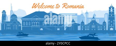 romania famous landmark silhouette style behind river and boat and in front of towers,vector illustration Stock Vector