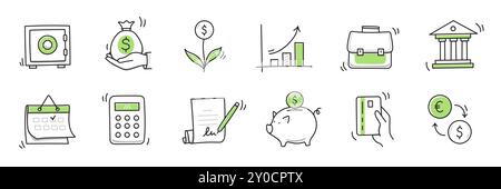 Money finance doodle hand drawn icon set. Finance business, money, bank sketch drawn cute trendy doodle icon. Business bank sketchy calculator, increase economic goal elements. Vector illustration Stock Vector