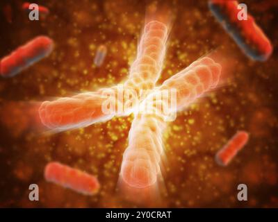 Microscopic view of telomeres highlighted at the tips of chromosome. A telomere is a region of the DNA sequence at the end of a chromosome. Their func Stock Photo