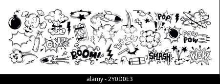 Set of black comic book sound blast, cartoon bomb explosions, crash or bang effect. Doodle hand drawn speech bubbles with pow, splash, bam, wow, omg words. Smoke exclamation elements, dynamite explode Stock Vector