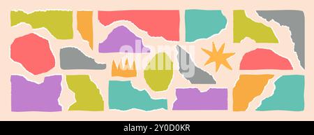 Torn colored paper strips set different shapes. Ripped sheets with jagged edges. Crumpled cardboard with wavy edge. Cut square and rectangular notepad page fragments, scraps, pieces with ragged border Stock Vector