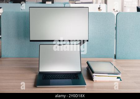 computer hardware software engineer laptop external monitor digital tablet empty screen mockup Stock Photo